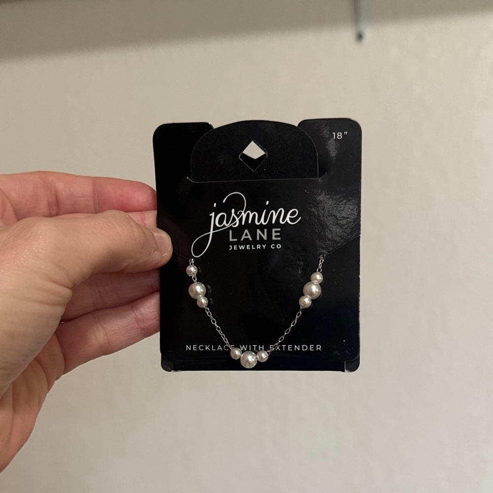 Jasmine Lane Jewelry Co Faux Pearl Silver Dainty Chain Necklace 18” Extender - Picture 2 of 2